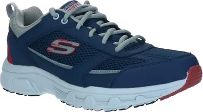A side view of a blue and gray Skechers athletic shoe with red accents.