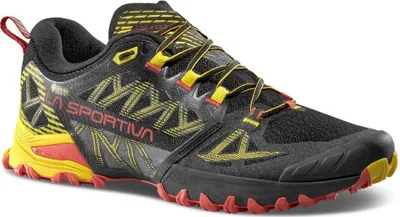 Trailrunning-Schuhe "Bushido III Gtx" von La Sportiva in Schwarz; Gelb und Rot mit Schnellschnürsystem.