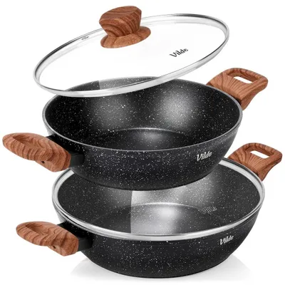 Obrázok produktu pre Vilde | Hlboká panvica sada 2 ks - so sklenenou pokrievkou - Ø 24/28 cm - Nepriľnavý povrch - GRANITICA WOOD