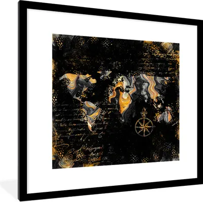Produktbild von MuchoWow® Gerahmtes Poster Weltkarte - Farbe - Gold - Kompass 40x40 cm - Poster mit Schwarzem Bilderrahmen Wandposter Rahmen Foto Bilder - Poster - Plakat im Rahmen