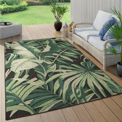 Produktbild von Outdoor Teppich Wetterfest Balkon Palmen Dschungel Florales Boho Muster Grün Grösse 160 cm Rund