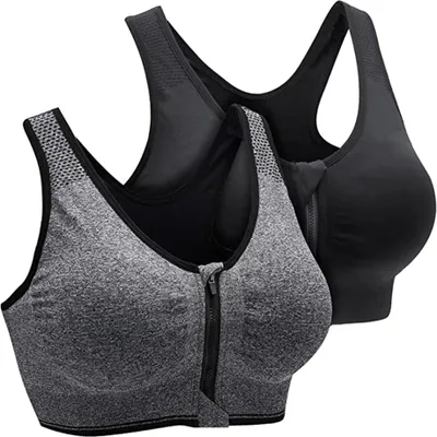 Produktbild von Sport-BH für Damen, mit Reißverschluss vorne, drahtlos, nach Operationen, BH Active Yoga Sport-BHs ,M,gray + black