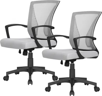 Two gray and black mesh office chairs are shown against a white background.