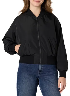 Productafbeelding van A. Essentials dames denim bomberjack met relaxte pasvorm, geschikt voor de herfst, kleur: zwart, maat: XXS