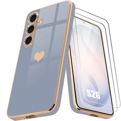 Image de Coque + 2 Verres Trempés pour Samsung Galaxy S26, Protection Silicone Souple Slim Antichoc avec Motif Cœur - Bleu