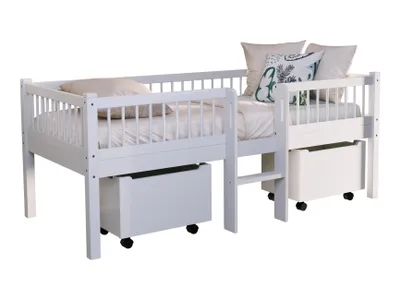 Produktbild von VIPACK - FORREST Buche Junior-Spielbett 90x200 cm, inkl. Lattenrost, 2 Rollboxen und Leiter, Buche massiv weiß lackiert