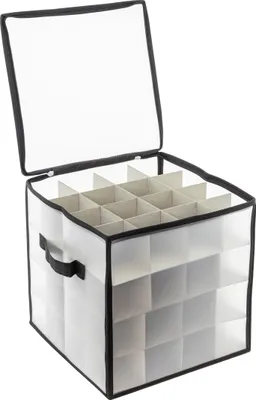 An open storage box with multiple compartments, designed for organizing items like Christmas ornaments.