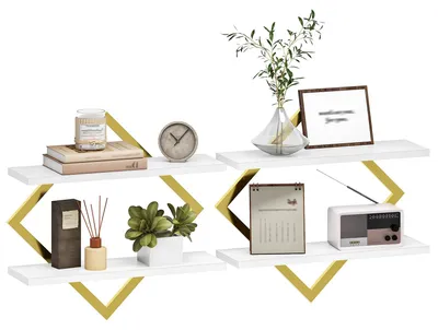 Image de Étagère murale, lot de 2, étagère suspendue, étagère suspendue à deux niveaux, pour le salon, la chambre, la cuisine, le bureau, blanc et or DTBJ01P2JW