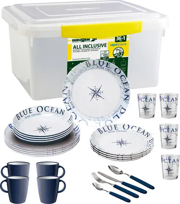 Produktbild von BRUNNER Camping Geschirr Set 4 Personen | Anti-Slip | All Inclusive BLUE OCEAN, 36-tlg.