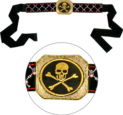 A close-up view of a pirate belt buckle and a section of the belt.