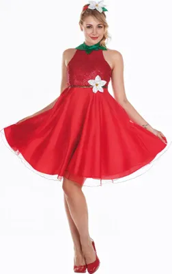 A woman is posing in a strawberry-themed costume.