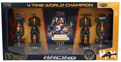 Produktbild von Bburago Red Bull Racing Max Verstappen Weltmeister F1 Modellauto Set 1:43 4-teilig