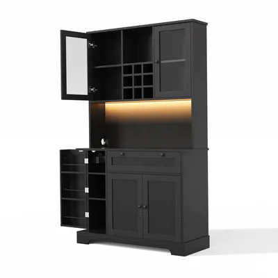 Produktbild von Flieks Küche Hochschrank mit Glastüren, Küchenschrank Küchenbuffet mit Led und Ladefunktion, Highboard mit Weinregal, 105x40x180cm, Schwarz
