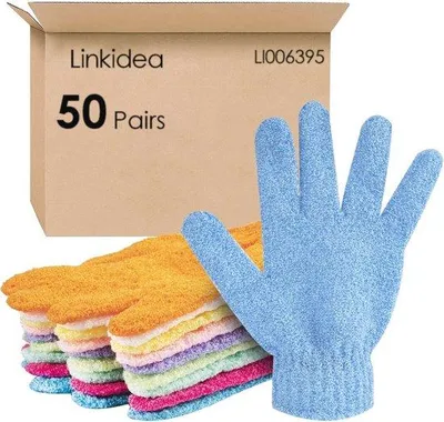Produktbild von Doppelseitige Peeling Handschuhe - 50 Paar Bad und Scrub Fäustlinge für die Dead Skin Entfernung