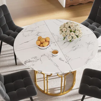Image de OKWISH Table À Manger - Ronde Avec Plateau Marbré, MDF Et Pieds Métal Doré, Pour Repas Et Cuisine Moderne, 100 x 100 x H 76 cm - Blanc Et Or