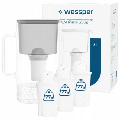 Image de Carafe filtrante Wessper D2 BOROSILICATE 3 L, grise – Carafe filtrante en verre avec 4 filtres AquaClassic, sans BPA