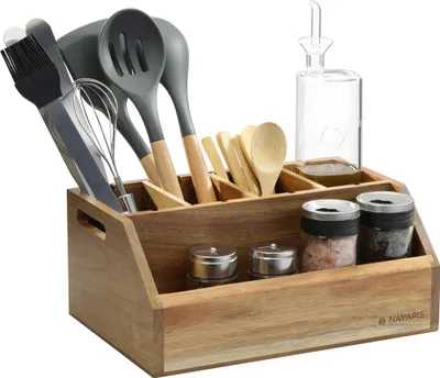 Produktbild von Navaris Küchenutensilienhalter aus Akazienholz - 30 x 20 x 13 cm - Besteck Tisch Organizer aus Holz - Besteckkorb Besteckhalter - Küchenutensilien