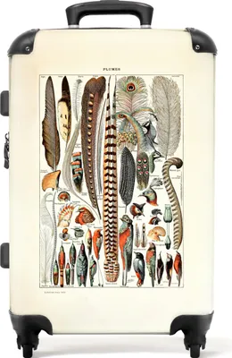 Produktbild von NoBoringSuitcases.com® Großer Koffer - Federn - Vogel - Vintage - Illustration - Kunst - Kombinationsschloss TSA - Hartschalen Trolley 4 Rollen - 72 liter - Reisekoffer - 66 cmKoffer Mittelgroß 67x43x25 cm, 72L,