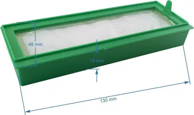 A green plastic filter housing with a white filter material inside, with dimensions indicated by blue lines and text.
