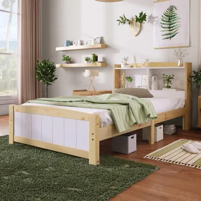 Produktbild von Kiefer Einzelbett mit Stauraum und Lattenrost, Kinder- und Jugendbett, Natur/Weißes Design, ohne Matratze oder Schubladen, Massivholz, 90x200 cm