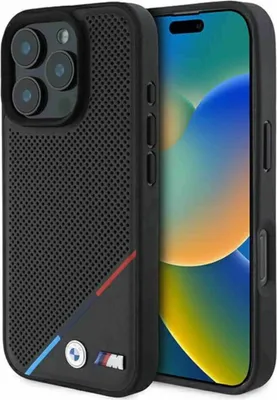 Produktbild von BMW Handyhülle für iPhone 16 Pro, M Perforated Tricolor Line MagSafe Design, stoßfest, MagSafe-kompatibel, aus TPU, mit sanft erhöhten Kanten, Schwarz, Weiß, Blau, Rot, Silber, Bmhmp16l23pupdk