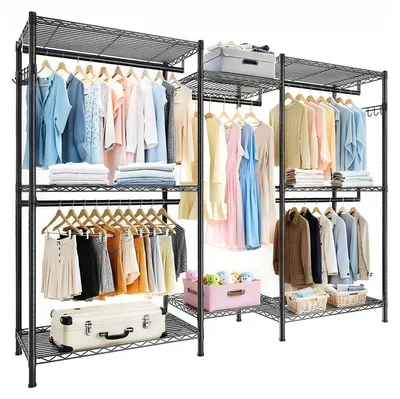 Produktbild von Robuster Kleiderständer, Freistehend, Schwarz, Mit 8 Drahtregalen & 5 Kleiderstangen, verstellbar