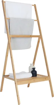 Obrázek produktu pro Relaxdays Stojan na ručníky z bambusu, skládací, s odkládací plochou, 3 tyče, VxŠxH: 112 x 55 x 44,5 cm, odkládací plocha na ručníky, přírodní