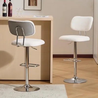 Produktbild von Barhocker 2er Set, höhenverstellbar, drehbar, Bouclé-Stoff, mit Rückenlehne und Fußstütze, Grau