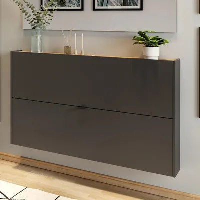 Produktbild von Flurschrank Schuhschrank 140cm in grau mit Eiche ideal für schmale Flure