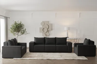 Produktbild von Sofaset Designersofa ESTELLE 3-2-1 mit Schlaffunktion in Stoff Poso Schwarz