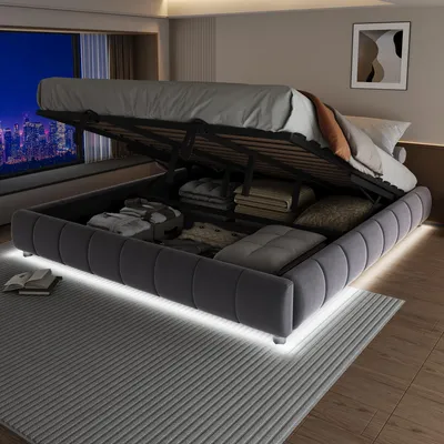 Image de OKWISH Lit Coffre 180x200 cm - Lit Double avec Éclairage LED et Rangement, Lit Capitonnée en Velours, Sans Matelas - Gris