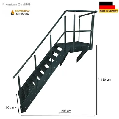 Produktbild von Podesttreppe Wangen- Stahltreppe 10 Stufen Höhe 190cm inklusive Podest 100x100cm mit Geländer Anthrazit / Ausrichtung Treppe Links / Aussentreppe