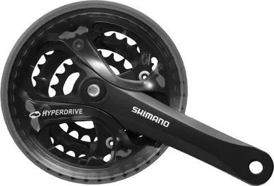A black bicycle crankset with chainrings.