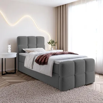 Produktbild von Einzelbett SALA MINI mit Bettkasten, Boxspringbett mit Bonellfederkern-Matratze und Bouclé-Stoff (90x200, Duneklgrau - Fredo 40, topper VISCO)