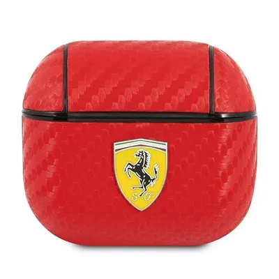A red AirPods 3 case with a carbon fiber texture and the Ferrari logo.