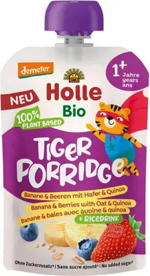 MUS OWSIANKOWY TYGRYSEK (RYŻ - BANAN - OWOCE JAGODOWE - QUINOA) BEZ DODATKU CUKRÓW OD 1 ROKU DEMETER BIO 110 g - HOLLE