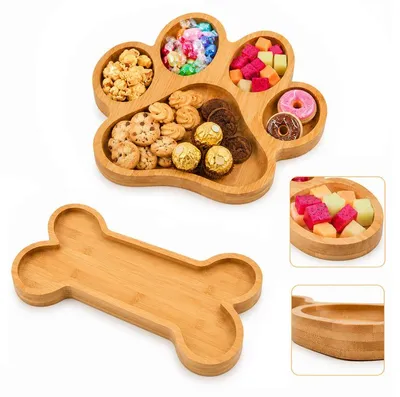 Produktbild von Hunde Design Servierbrett Bambus 2er Set Snack Käseplatte Pfote Knochen Holz Tablett Geschenk Hundeliebhaber