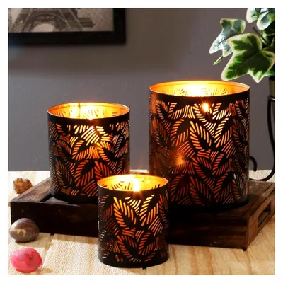 Produktbild von 3er Set Windlicht 14 cm aus Metall - Orientalische Teelichthalter in Schwarz und Gold als Tischdekoration