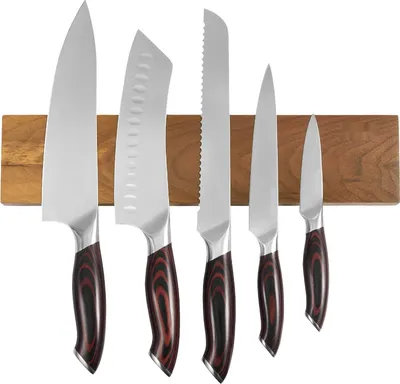 Produktbild von Messerset 6-teilig - Küchenmesser-Set mit magnetischer Messerleiste (Messerhalter) - Klingen aus hochkohlenstoffhaltigem Edelstahl - Ergonomische, bruchfeste Griffe - Walnussoptik