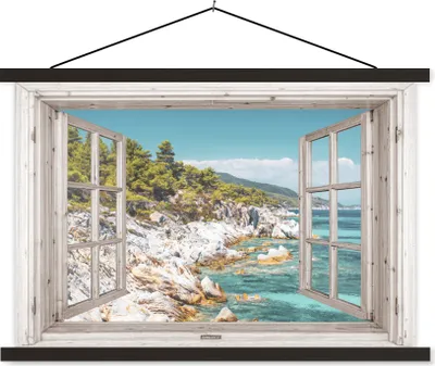 Produktbild von MuchoWow® Textilposter Aussicht - Baum - Meer 120x80 cm mit schwarzem Rahmen - Wanddeko