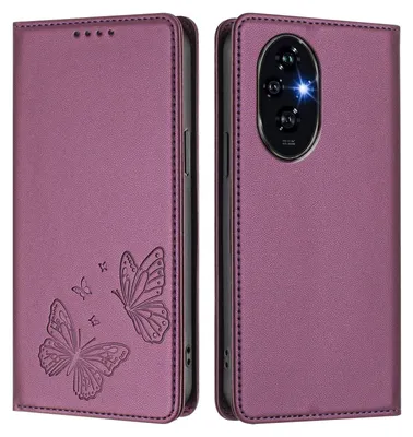 Image de Étui en cuir pour Honor 200, motif papillon, étui à rabat avec porte-appareil, violet