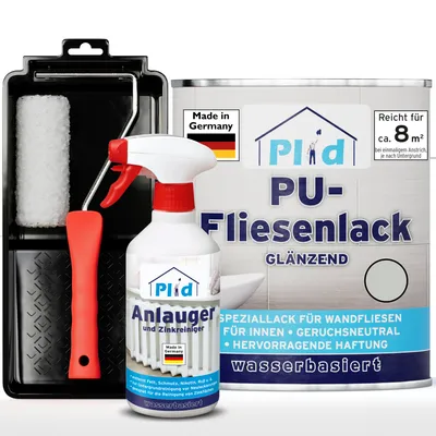 Produktbild von Plid PolyurethanFliesenlack Lichtgrau glänzend 0,75 l mit Anlauger und Lackierset