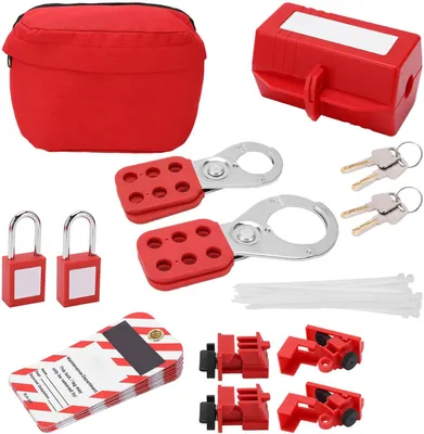 Produktbild von Lockout-Tagout-Set mit Sicherheitsvorhängeschlössern, Loto-Etiketten, Haspen und Sicherungskasten für industrielle Anwendungen