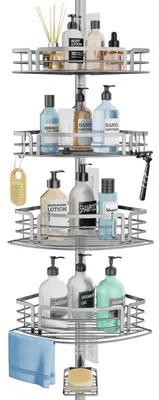 Image de Étagère de douche sans perçage, télescopique, de 70 à 267 cm, argentée, avec 4 paniers, en acier inoxydable, avec porte-savon et barres de serviettes