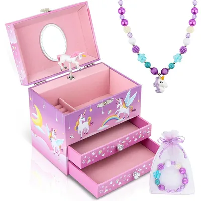 Produktbild von Schmuckkästchen Spieluhr Schmuckdose - Einhorn - 16,8 x 11,4 x 14,7 cm - Rosa - Mit 2 ausziehbaren Schubladen