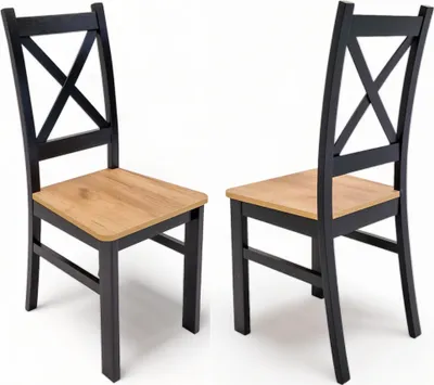 Two wooden chairs with black frames and natural wood seats are shown against a white background.