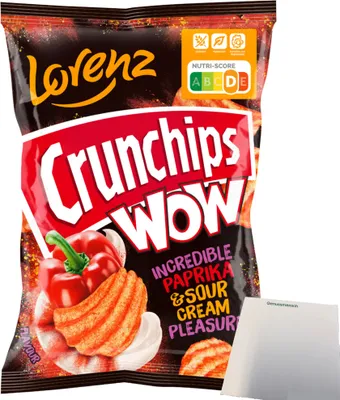 Produktbild von Lorenz Crunchips WOW Paprika & sour Cream geriffelte Kartoffelchips (110g Beutel) + usy Block