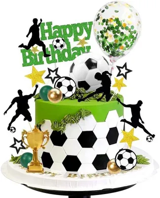 Immagine prodotto di Set da 31 pezzi per decorare torte a tema calcio: decorazioni per torte a forma di pallone da calcio, decorazioni per torte e mini trofei dorati