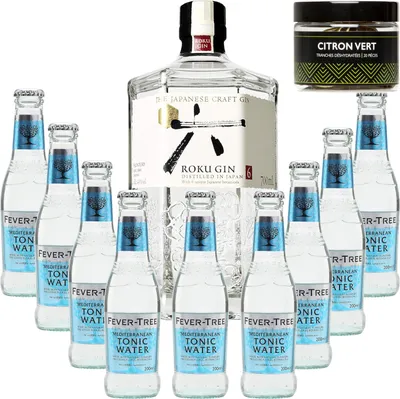 Produktbild von Pack Gintonic - Ê Gin Roku + 9 Fever Tree MediterraneanÊ Water - (70cl + 9*20cl)Ê + Pot de 20 tranches de Citron vert dŽshydratŽesÊ