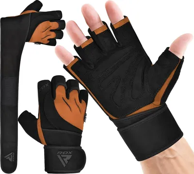 Produktbild von RDX Gewichtheberhandschuhe für das Training im Fitnessstudio, lange Handgelenkstütze mit rutschfestem Handflächenschutz – toller Griff für Fitness, Bodybuilding, Powerlifting, Krafttraining, Männer und Frauen im Fitnessstudio und zu Hause